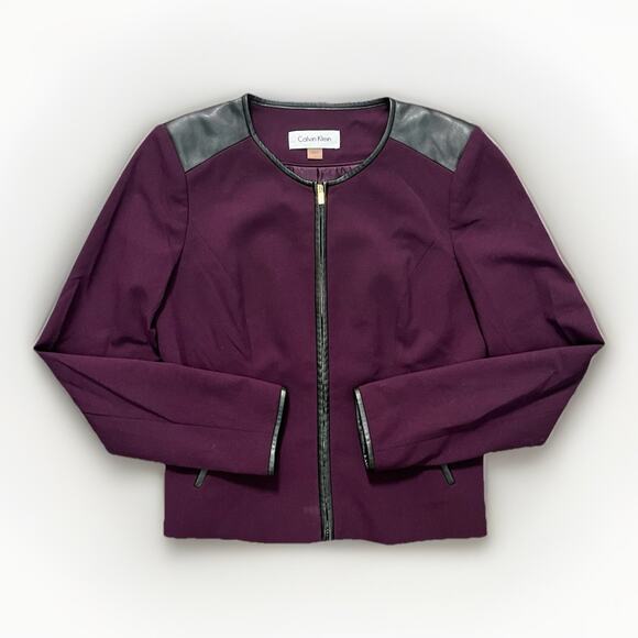 Calvin Klein Women’s Jacket Size 4 Burgundy Faux Leather Trim Zip Front Blazer - Picture 1 of 5